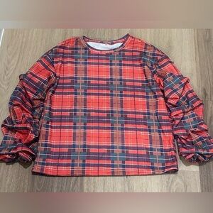 Red Plaid Long Sleeve Top with ruffled sleeves size Large